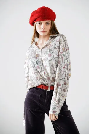 Satin Blouse with Flower Print in Grey