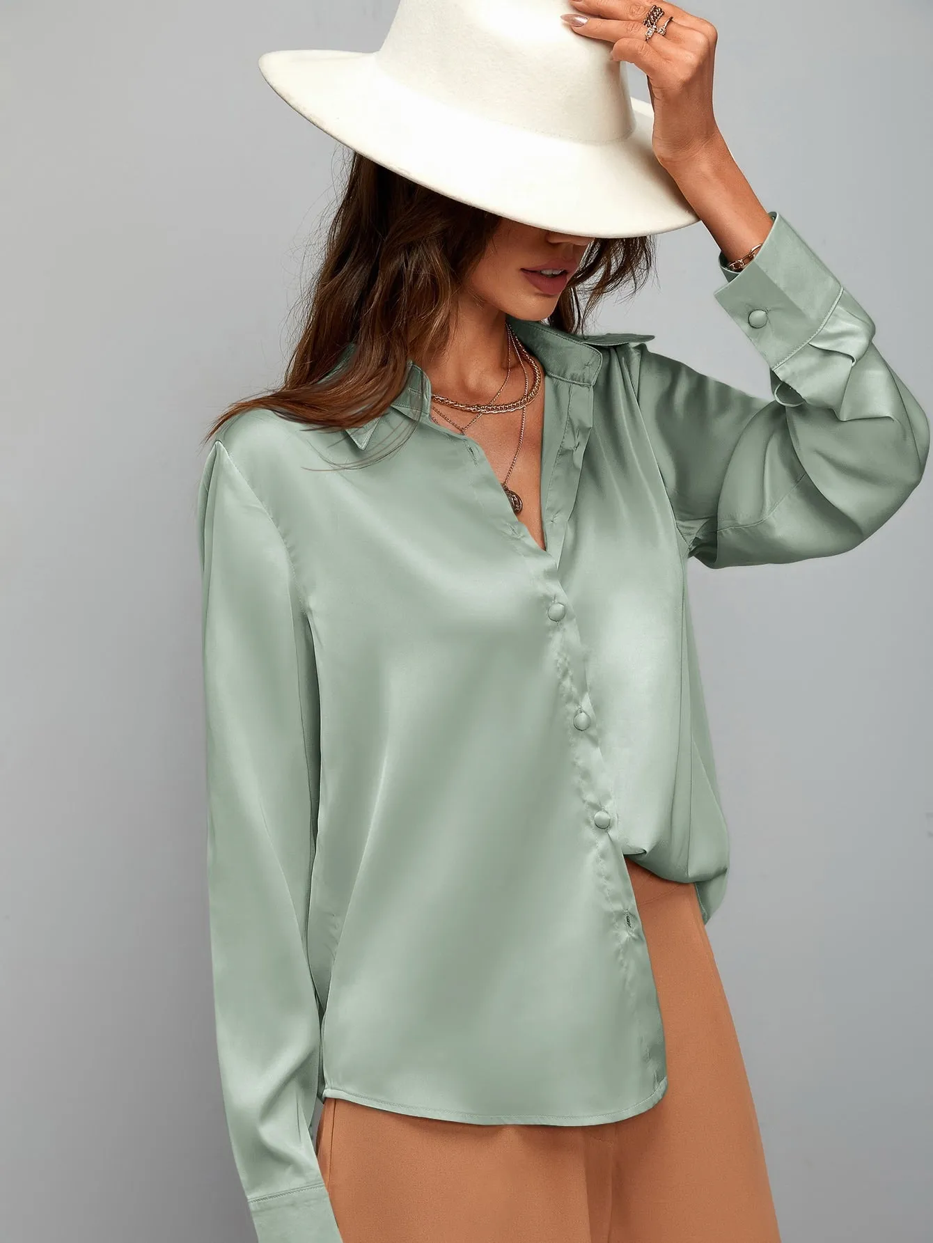 Satin Solid Button Up Shirt