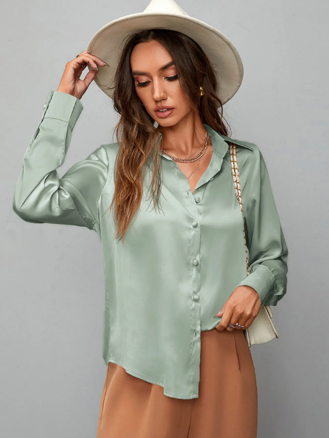 Satin Solid Button Up Shirt