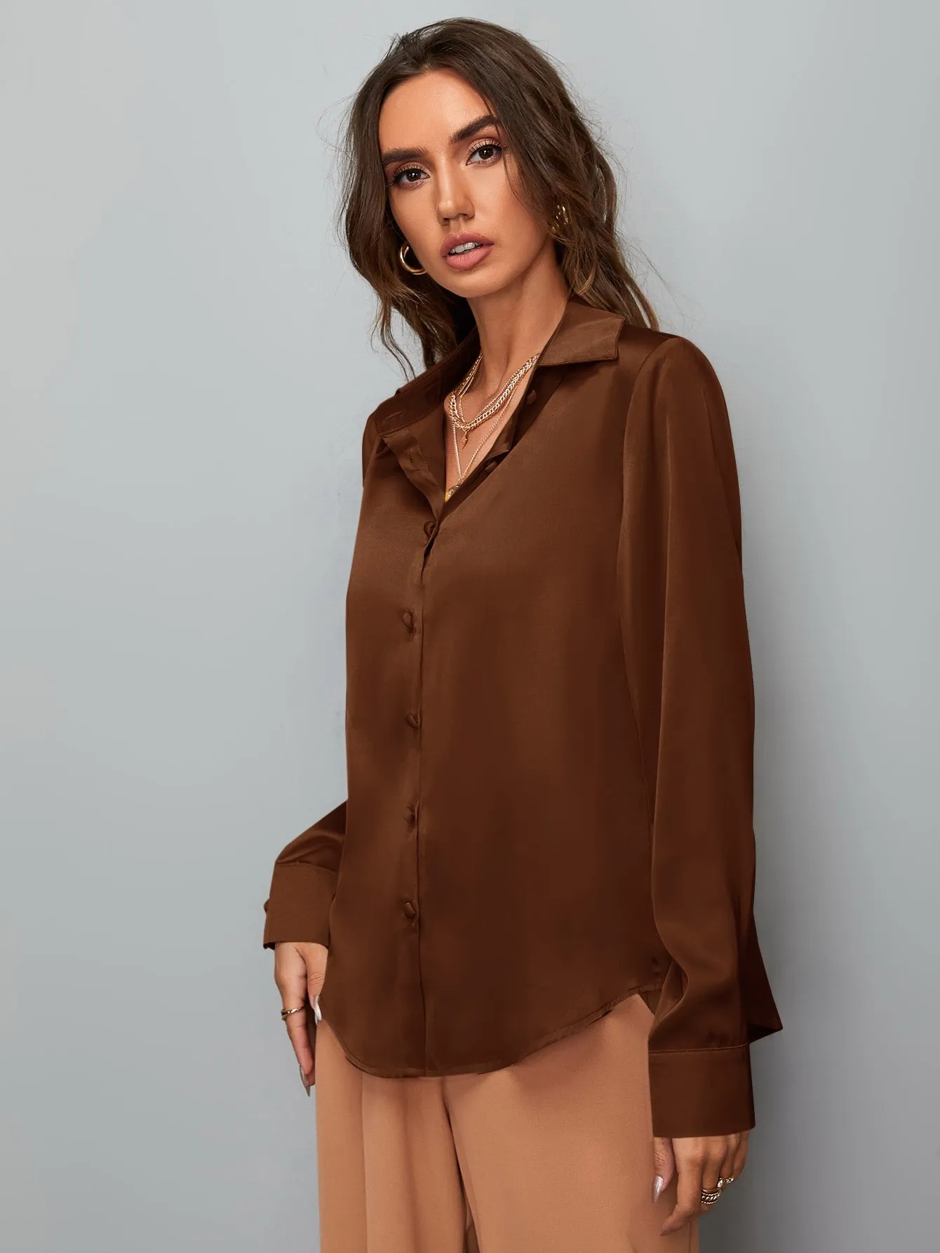 Satin Solid Button Up Shirt