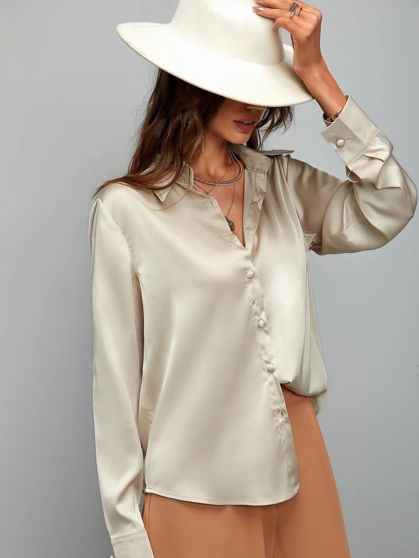 Satin Solid Button Up Shirt