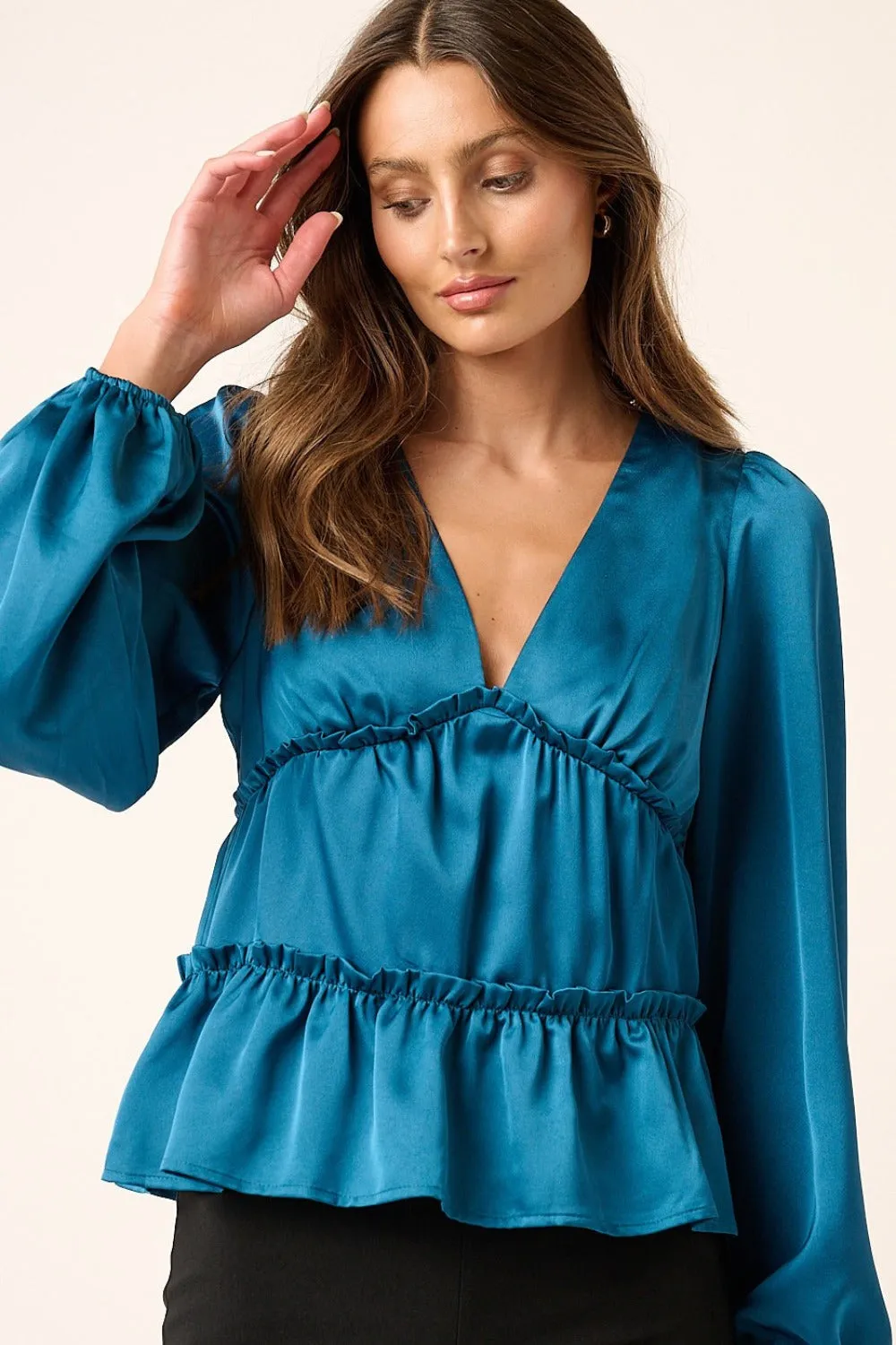 Satin V Neck Ruffled Tier Blouse