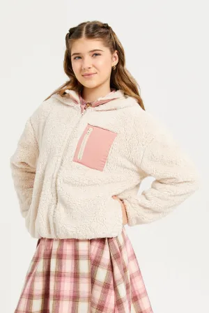 Senior Girls Beige And Pink Sherpa Hooded Sweatshirt