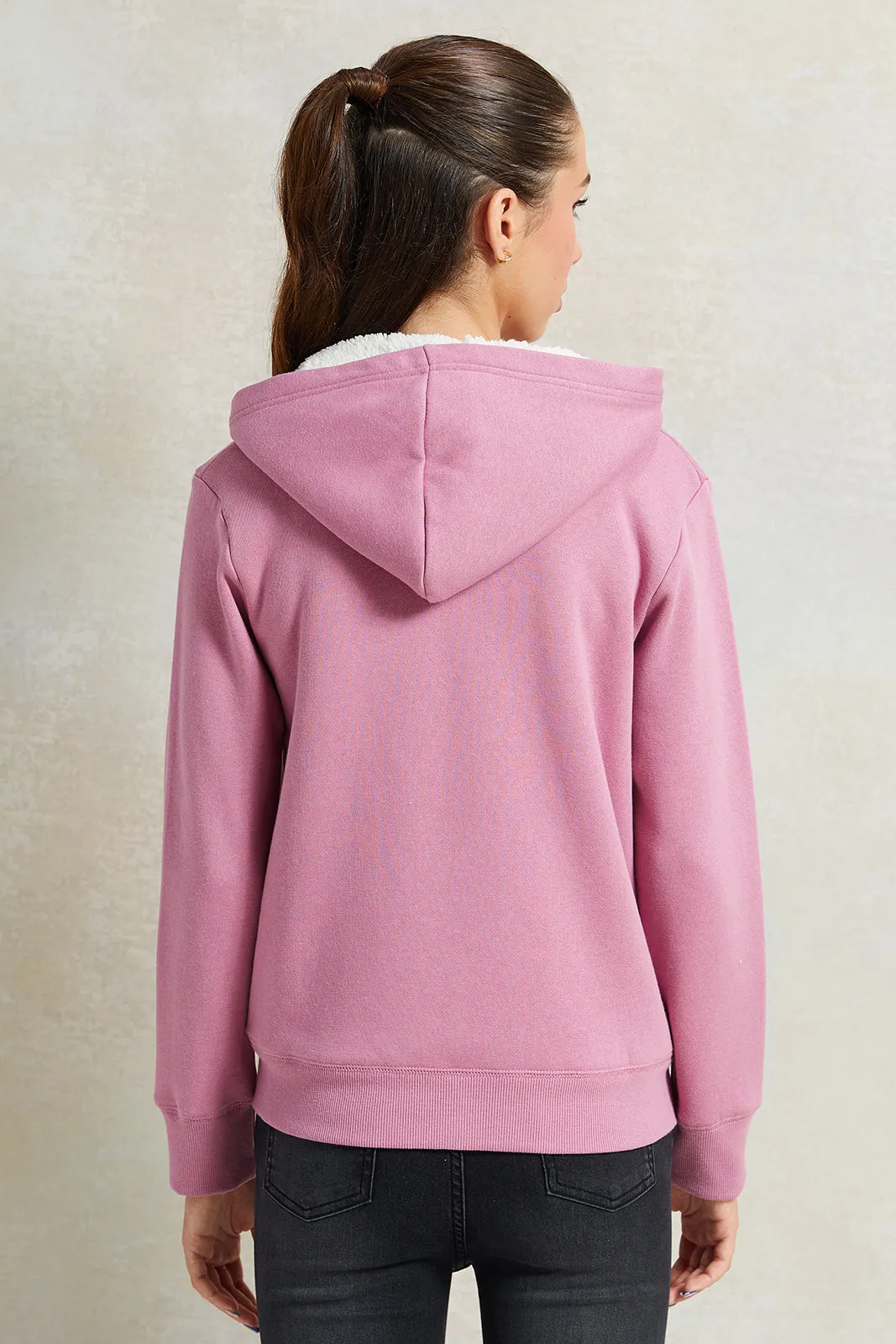 Senior Girls Pink Hooded Sherpa Lining Sweatshirt