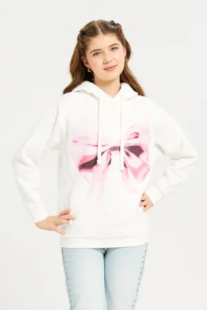 Senior Girls White Bow Printed Sweatshirt