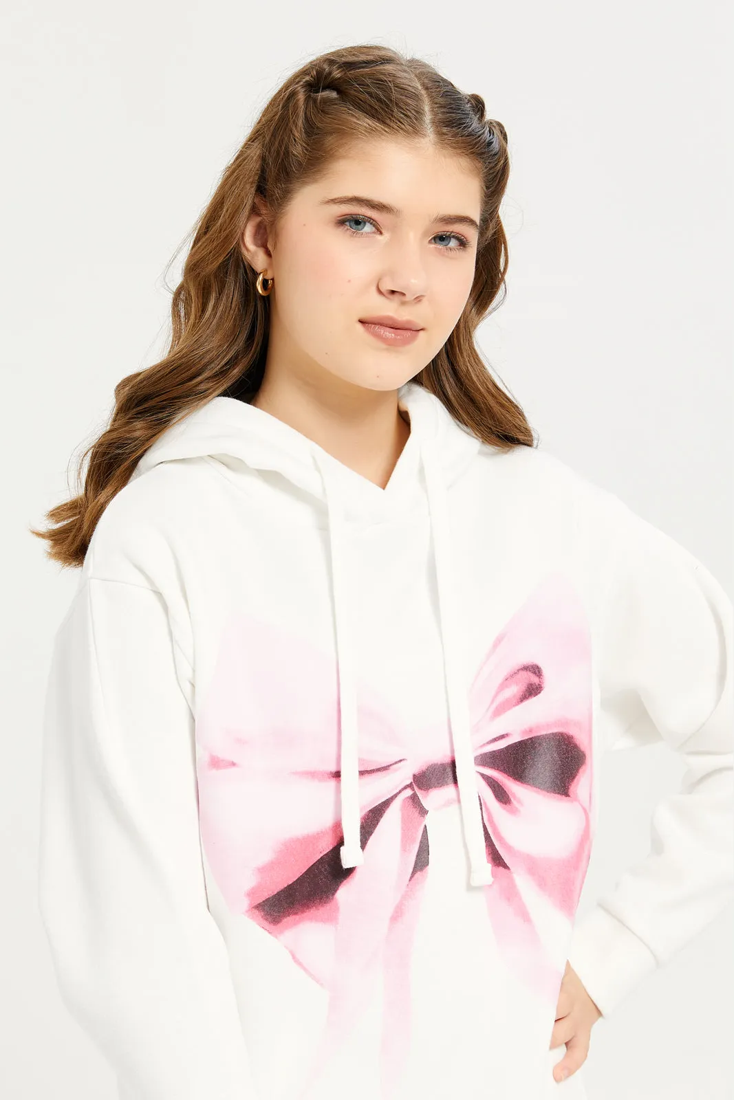 Senior Girls White Bow Printed Sweatshirt