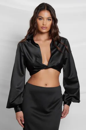 Seraphina Satin Plunge Trendy Crop Top - Black