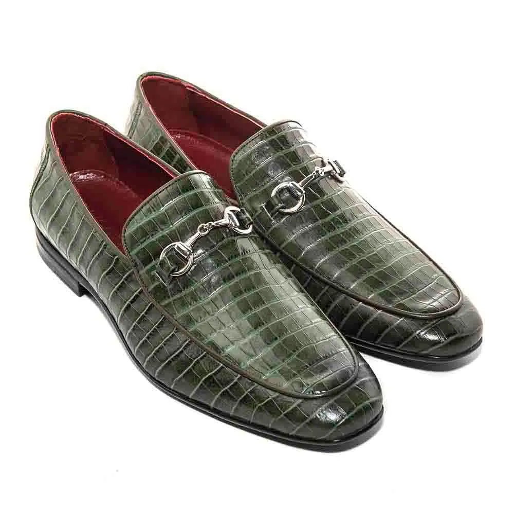 SIGOTTO UOMO Crocodile Print Green Leather Loafer