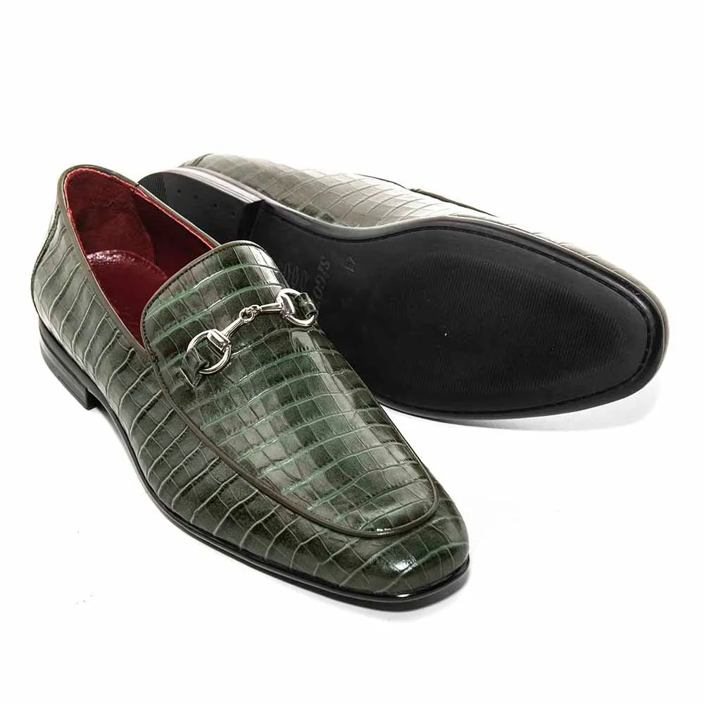 SIGOTTO UOMO Crocodile Print Green Leather Loafer