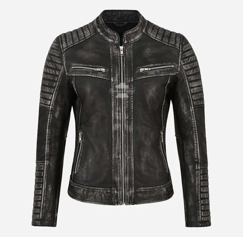 SPEEDSTER Ladies Leather Biker Jacket Vintage Waxed Racer Jacket