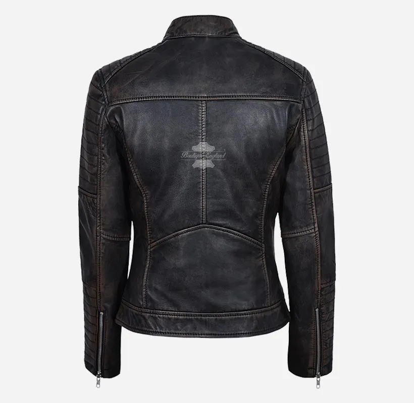 SPEEDSTER Ladies Leather Biker Jacket Vintage Waxed Racer Jacket