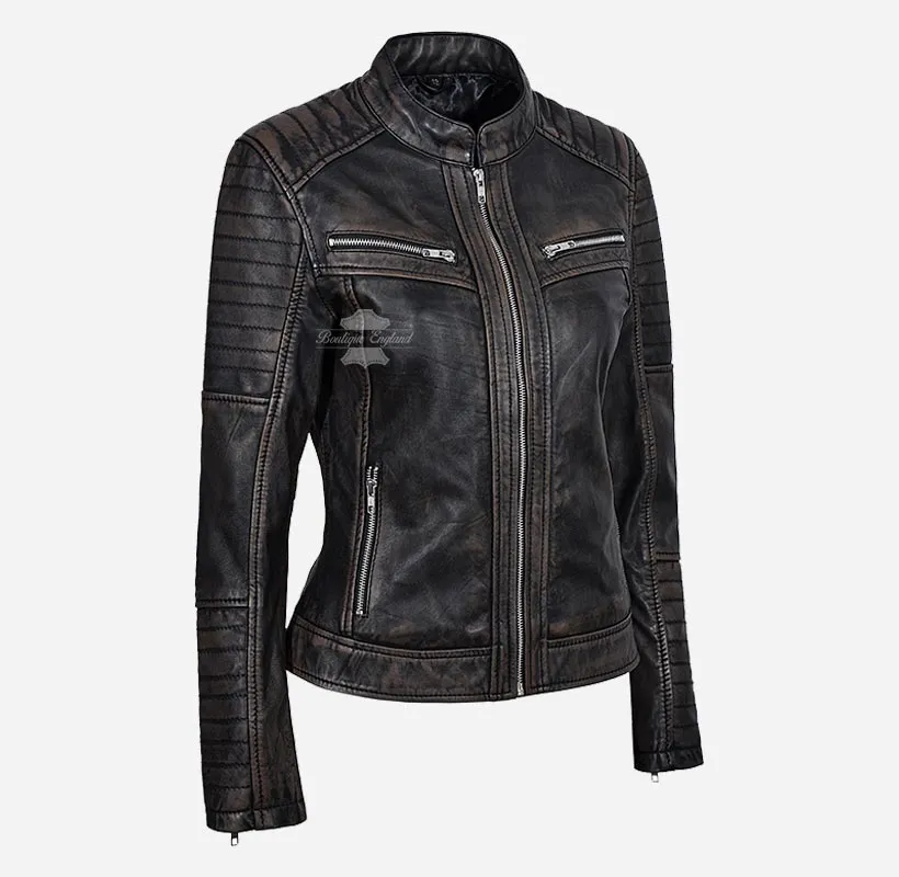 SPEEDSTER Ladies Leather Biker Jacket Vintage Waxed Racer Jacket