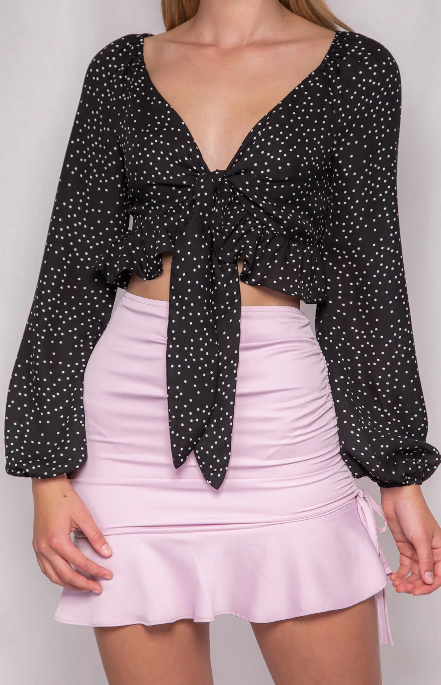 Summer Dotted Long Sleeve Crop with Tie Front