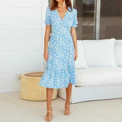 V-Neck Floral Printed Midi Dress