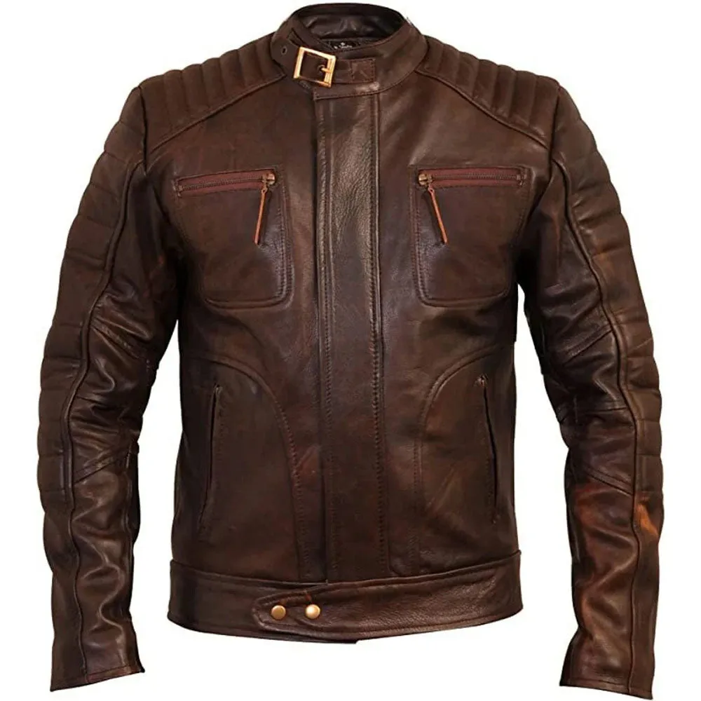 Vintage Brown Weybridge Biker Leather Jacket Mens Cafe Racer Vintage Style Motorcycle Coat