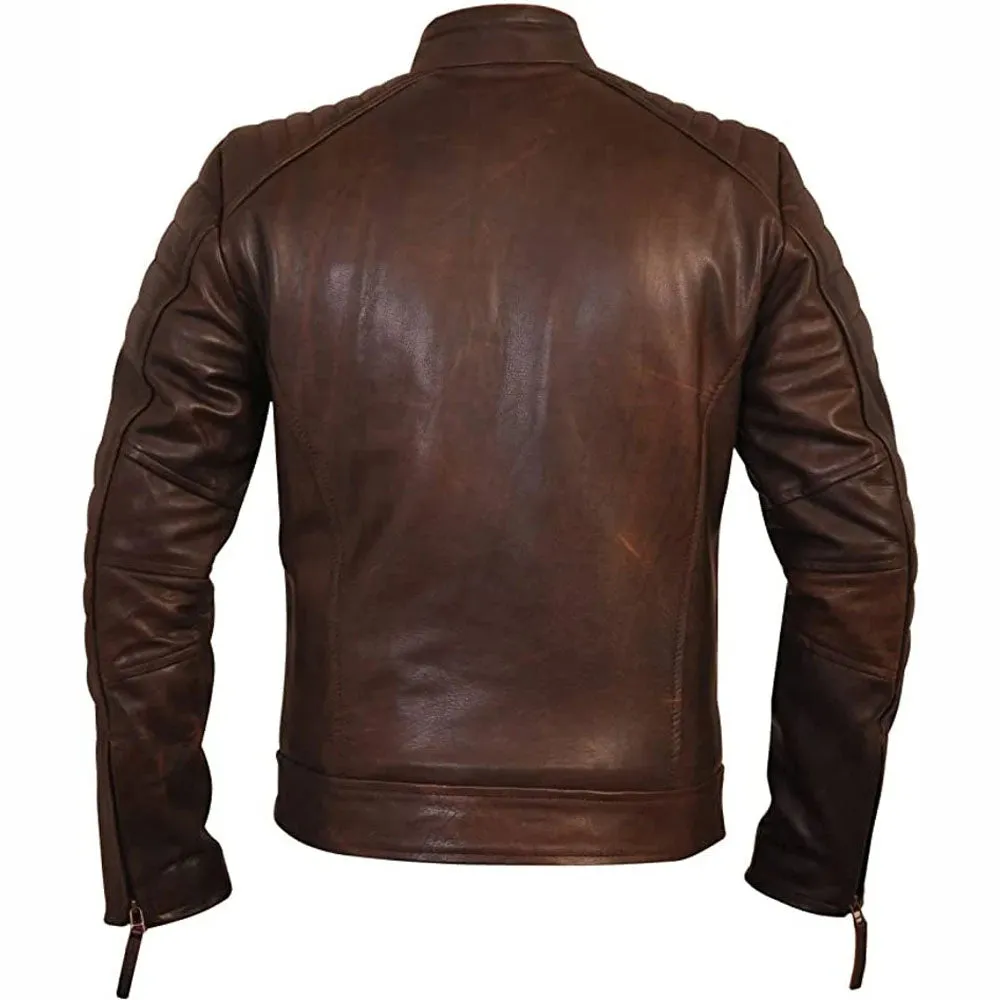 Vintage Brown Weybridge Biker Leather Jacket Mens Cafe Racer Vintage Style Motorcycle Coat