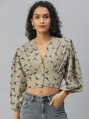 Women's Beige Printed Crop Tops