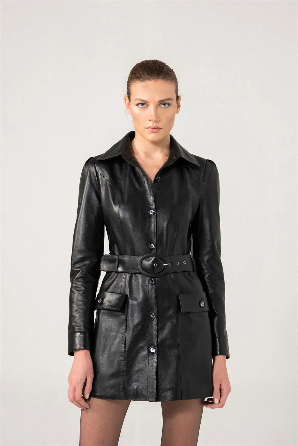 Women’s Black Sheepskin Leather Trucker Trench Coat