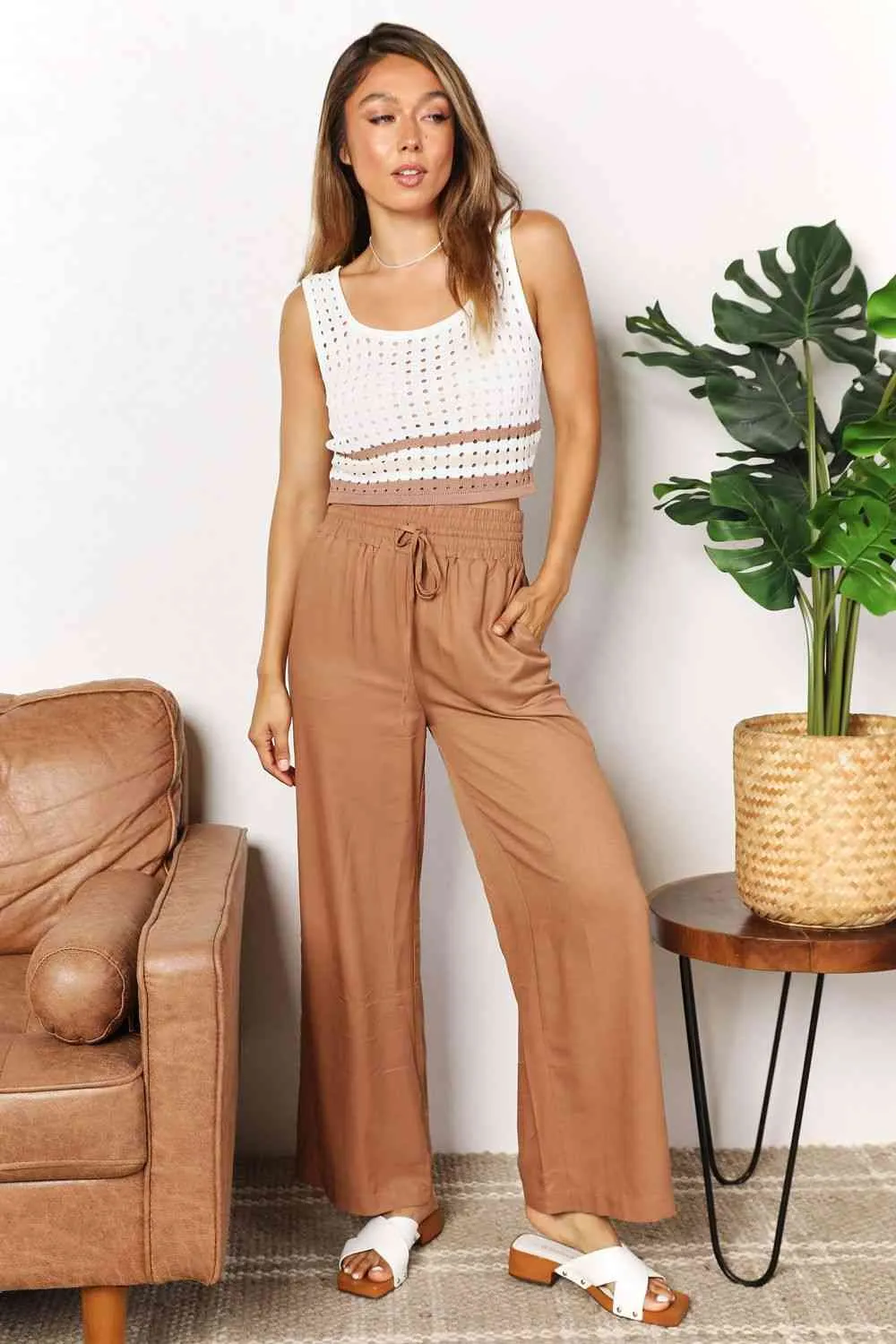 Women's Drawstring Waist Wide Leg Pants