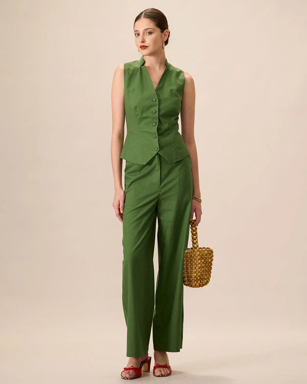 Women's Green High-Waisted Cotton Linen Wide-Leg Pants