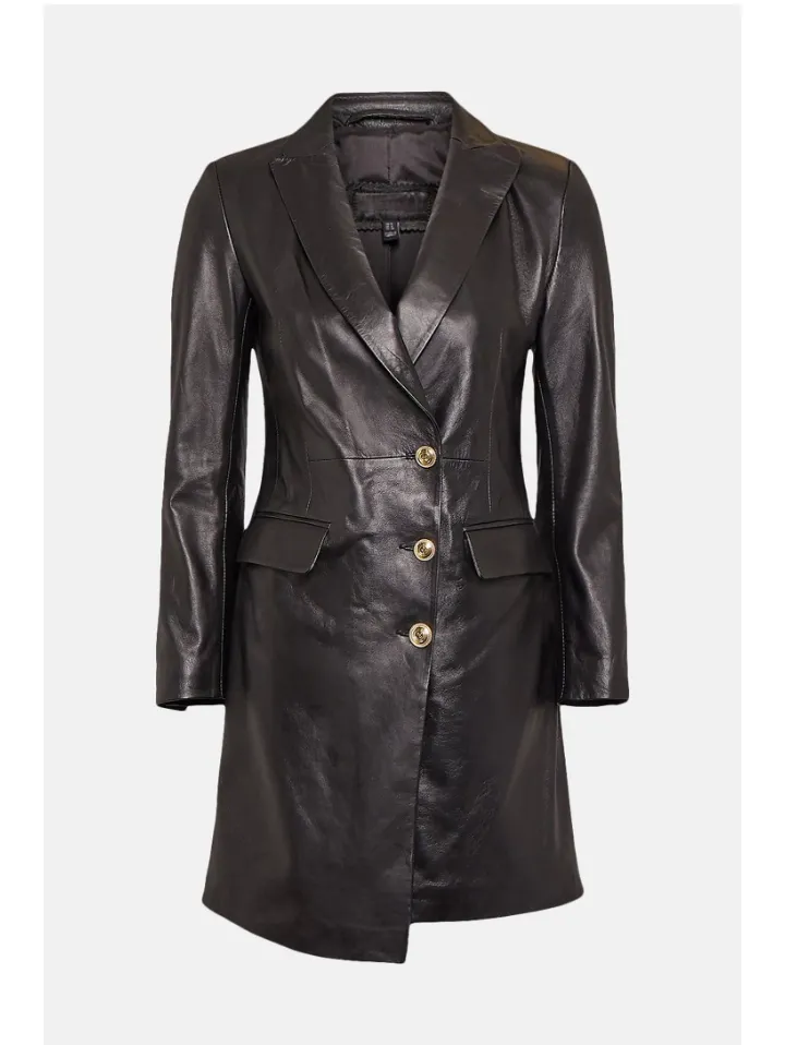 Women’s Trendy Black Sheepskin Leather Coat Golden Buttons